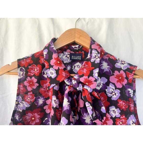 VTG Hillard & Hanson Sleeveless Floral Blouse Size Large Tie Neck Retro Garden - Picture 2 of 6
